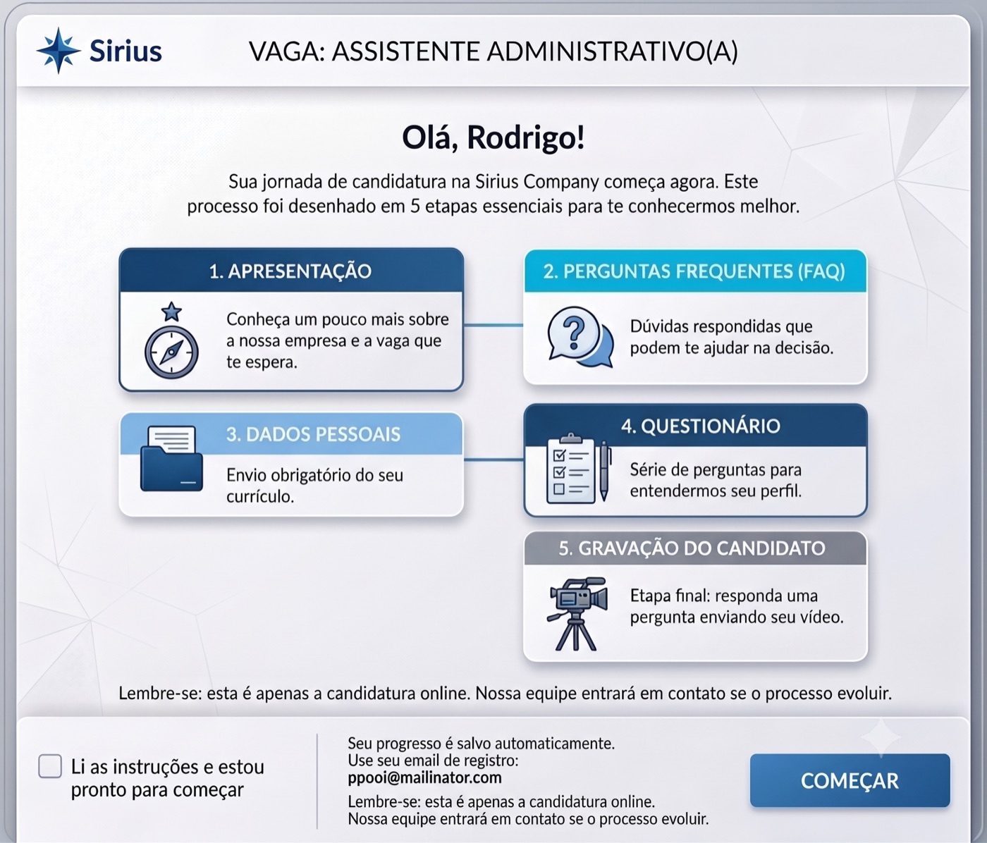 Página de candidatura online da Plooral: etapas do processo de inscrição do candidato