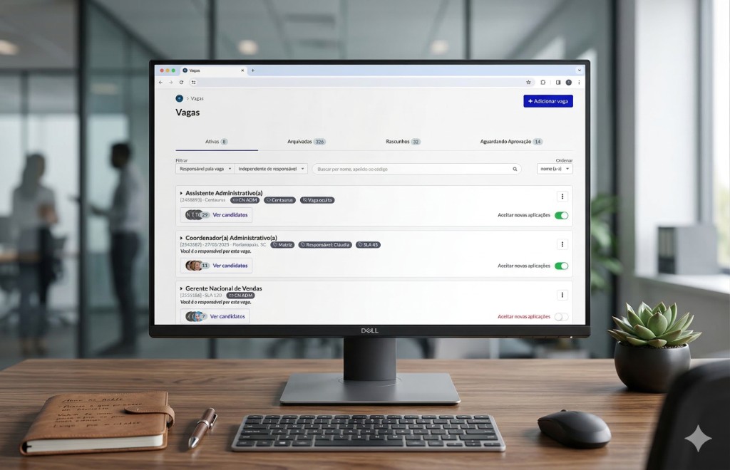 Painel de vagas da Plooral: lista de vagas ativas com status e candidatos